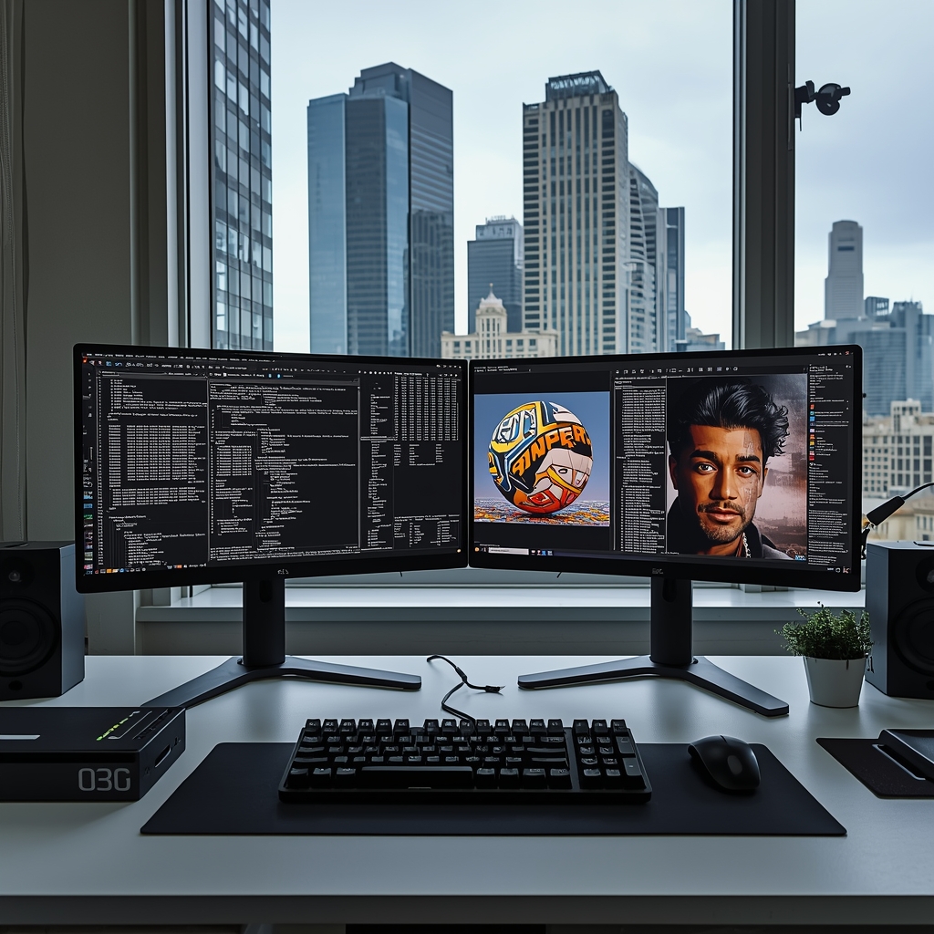 A clean, modern home office setup with dual monitors, a mechanical keyboard, and city view through a large window, no people, no logos
